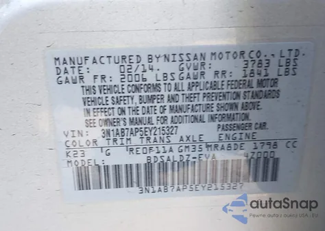 2014 Nissan Sentra Fe+ S/Fe+ Sv/S/Sl/Sr/Sv z USA, uszkodzony, nr VIN 3N1AB7AP5EY215327